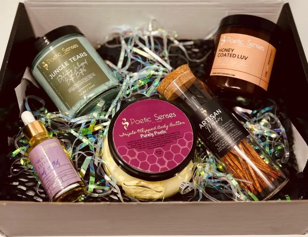 Gift box of handcrafted body butters and oils from Poetic Senses.